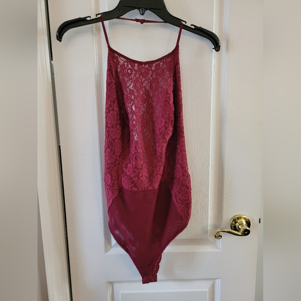 Free People Dance Around High Neck Lace Halter Bodysuit Wine Red Size Small